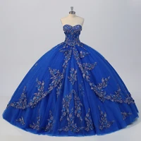royal bue ball gown quinceanera dresses beading silver appliques 3d flowers vestidos 16 anos sweet 15 dress