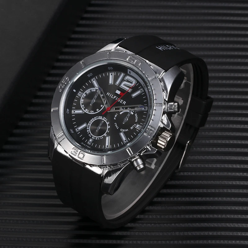

European and American top brand latest design men's quartz watch silicone strap stainless steel large dial fashion casual watch