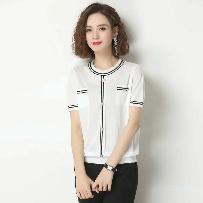 

Summer T-Shirt Women 2020 Fashion Simple Stripes Patchwork Round Neck Short Sleeved Plus Siz Women Tops Thin Knitted Wear