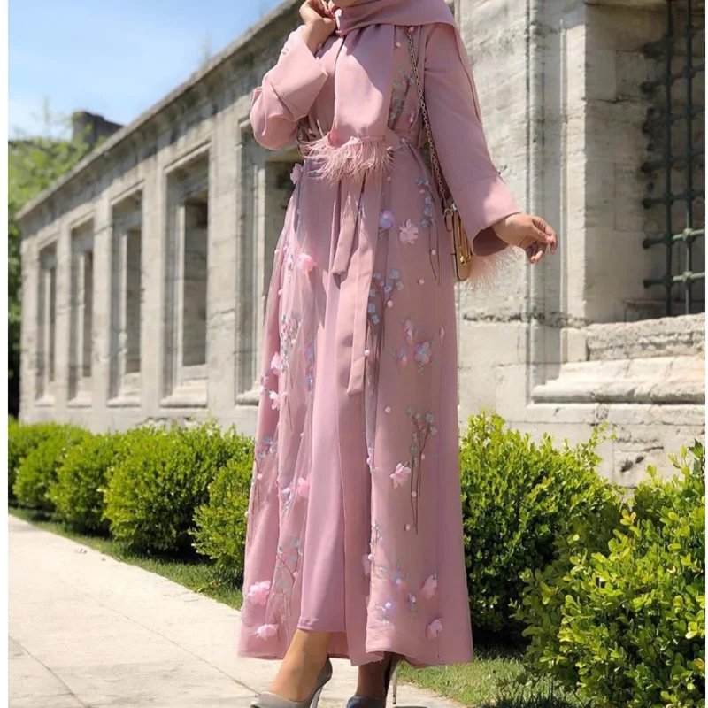 

Floral Muslim Women Dress 2021 Fashion Kaftan Morocco Dubai Abaya Turkey Veil Loose Long Dresses Casual Islamic Robe