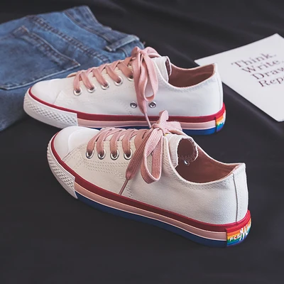 White Pink Модная женская парусиновая обувь; коллекция года; сезон весна; Новинка; модная женская повседневная обувь ярких цветов на плоской подошве; парусиновая Женская Повседневная однотонная обувь; кроссовки - Цвет: White Pink