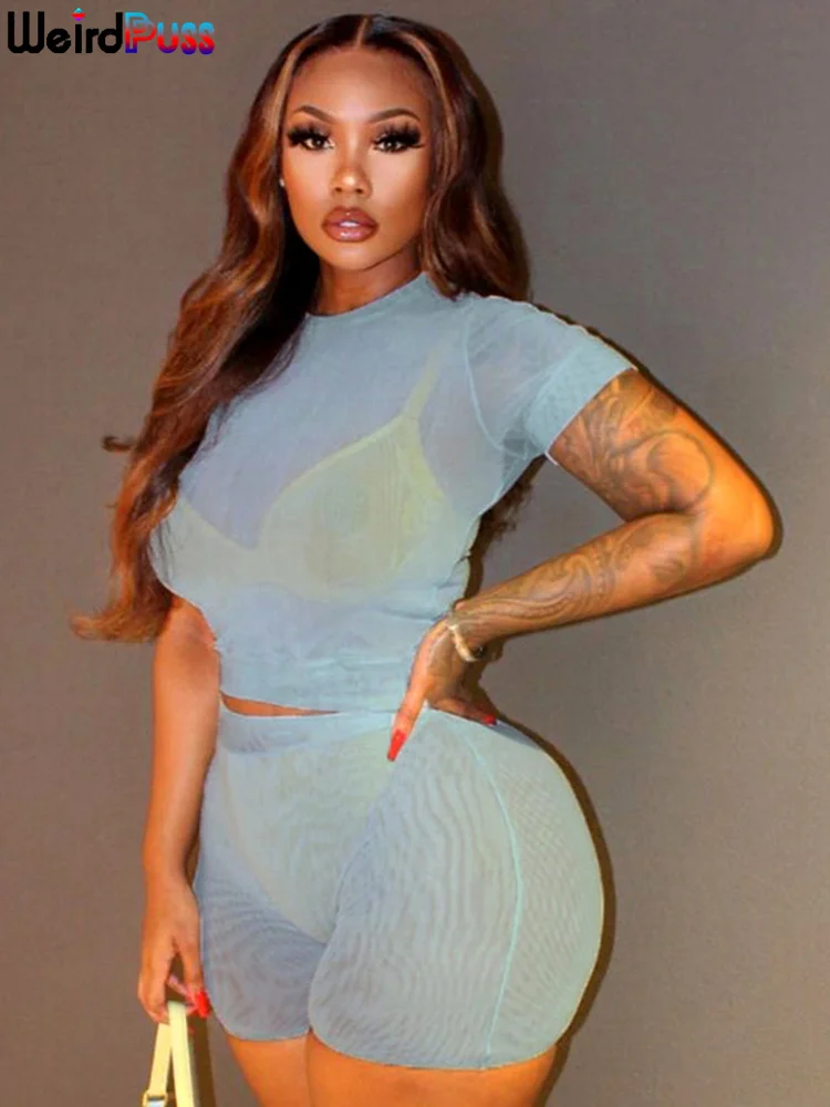 

Костюм спортивный женский сетчатый из 2 предметов, прозрачный кроп-топ с коротким рукавом и велосипедные шорты, эластичная уличная одежда