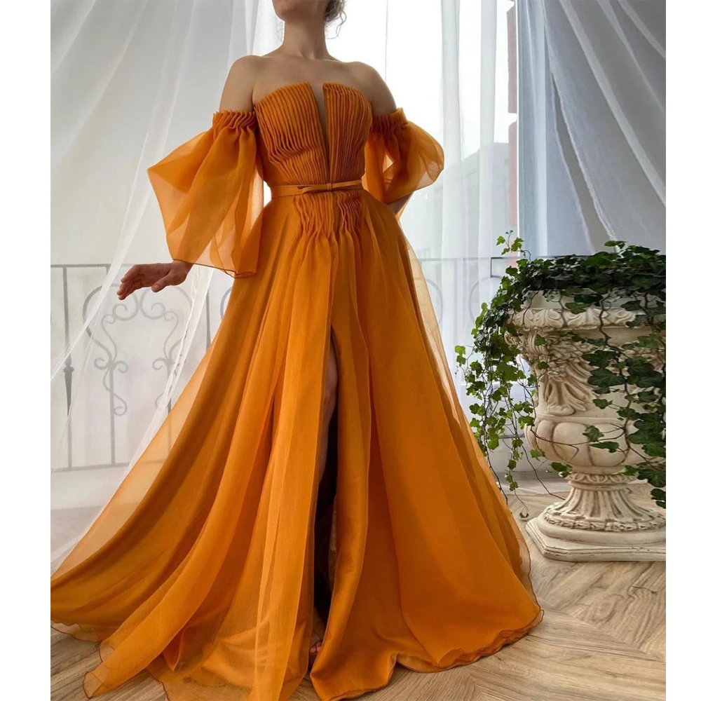 

Charming Graduation Dresses Chffon Pleat Slide Split Sashes Sweetheart Full Sleeve Zipper A-Line Gowns Novia Do 2021 New Party