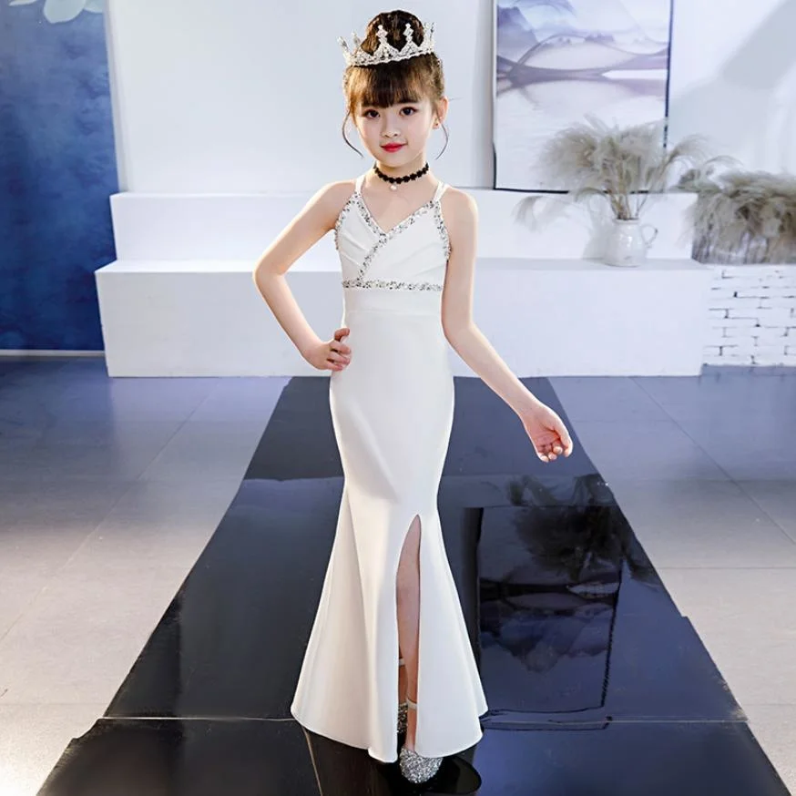 

High-end Princess Girls Mermaid Dress Kids Pageant Catwalk Beading Gown Birthday Party Split Evening Dress Modis Vestidos Y1532