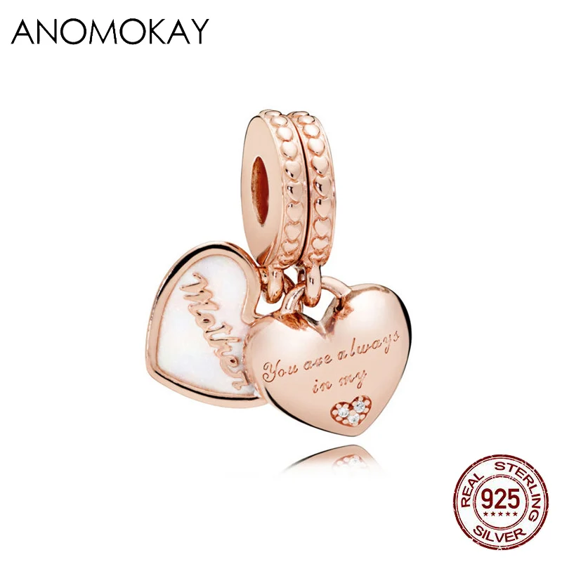 Anomookay, Стерлинговое серебро 925, смешанный стиль, розовое золото, сердце, дерево, цветок, подвеска, подходит для браслета Пандора, S925, Шарм для DIY ювелирных изделий