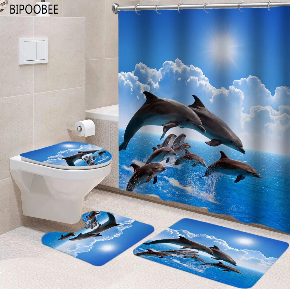 

3D Ocean Dolphin Shower Curtain Sea Scenery Printed Bath Mat Set Toilet Lid Cover Anti-skid Rugs Bathroom Curtains with Hooks