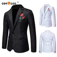 covrlge mens casual suit jacket single button business herringbone solid color rose embroidery blazer suit fit coat male mwx047