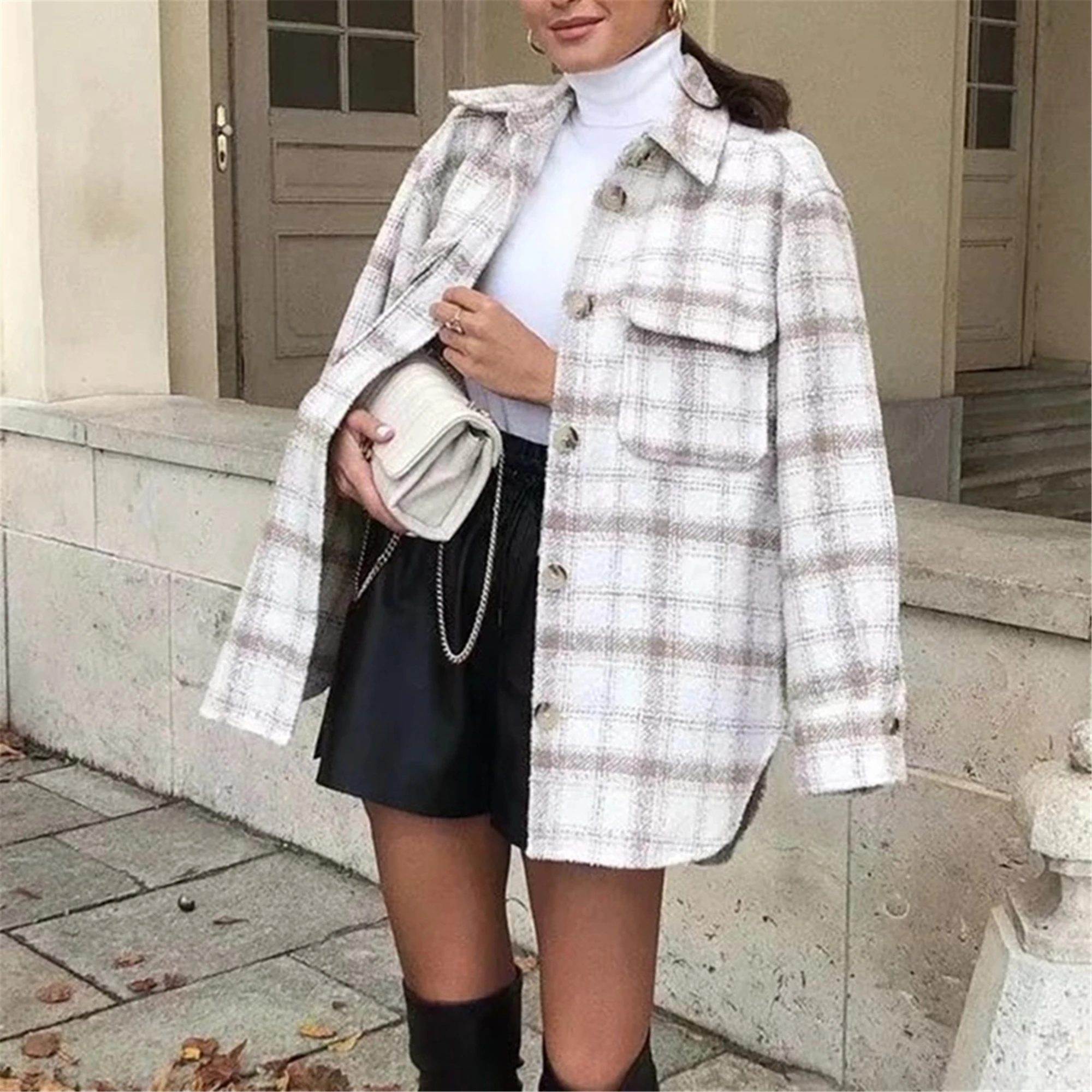 

Женская твидовая куртка, винтажная свободная клетчатая куртка на осень и зиму, 2021