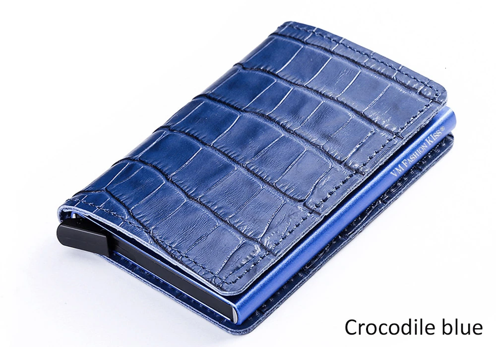 Crocodile blue VM FASHION KISS RFID Genuine Leather Minimalist Wallet DIY Metal Aluminum Safe Purse Credit Id Business Card Holder Cardholder - Цвет: Crocodile blue