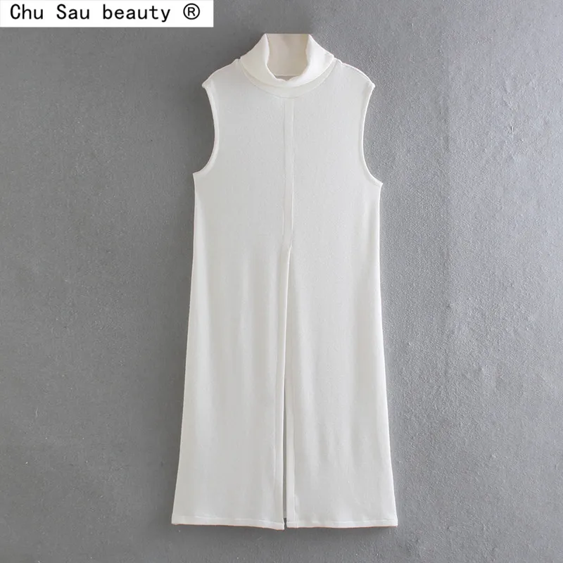 

Women 2022 Spring Autumn New Fashion White Stretch Slim Turtleneck Sleeveless Front Split Knit Midi Dress
