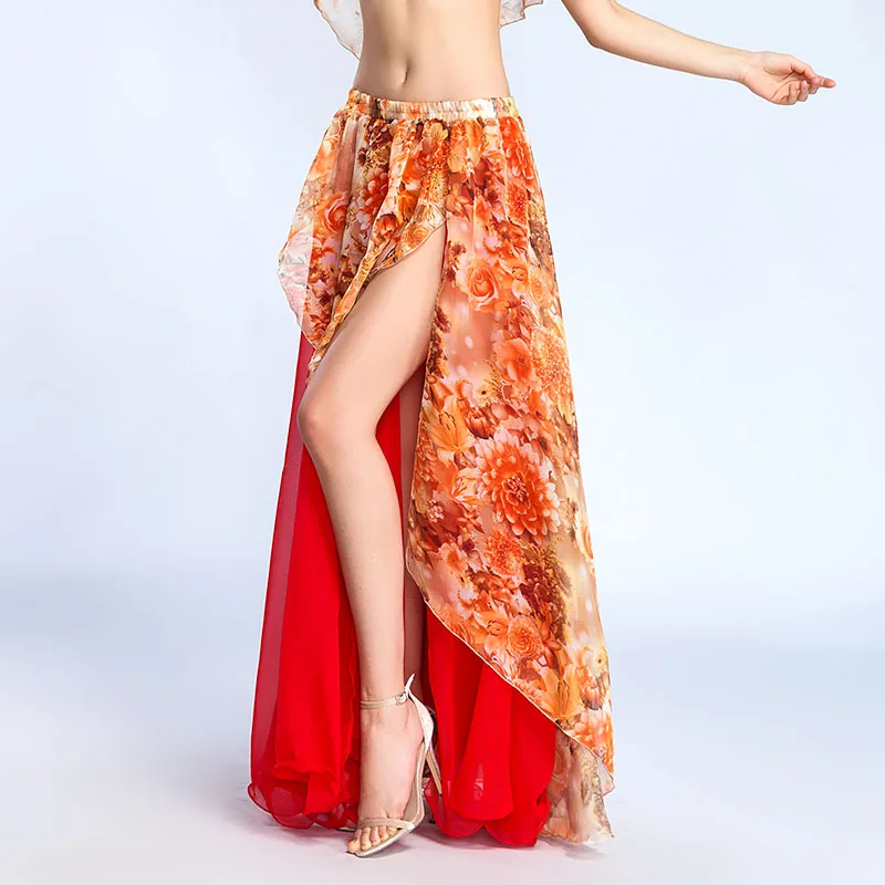 Женская шифоновая юбка для танца живота макси с цветочным принтом и разрезом