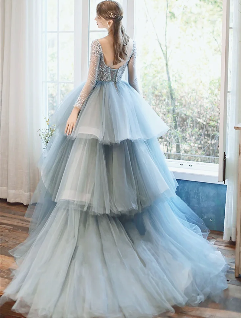 

Gray Prom Dress Tiered New Beading Crystals Top Illusion Full Sleeves O-neck Lace-up Backless Sweep Train Evening Dress