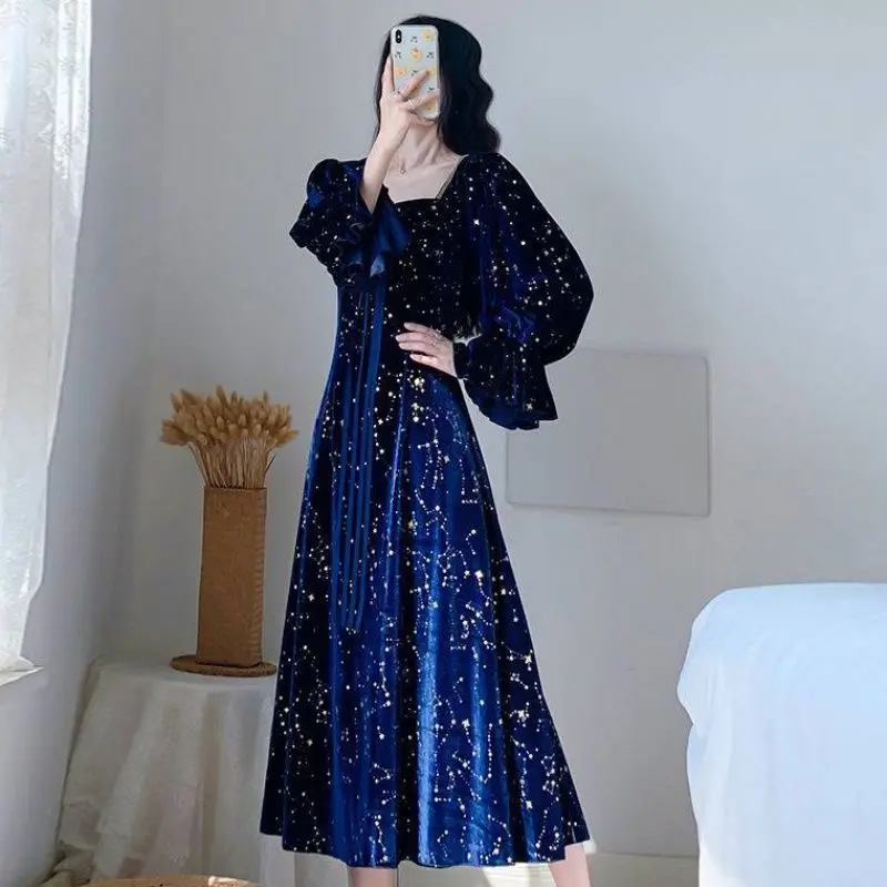 

Spring/Autumn Victorian Renaissance French Vintage Courtly Style Gentle Fairy Golden Velvet Blue Starry Sky Elegant Woman Dress