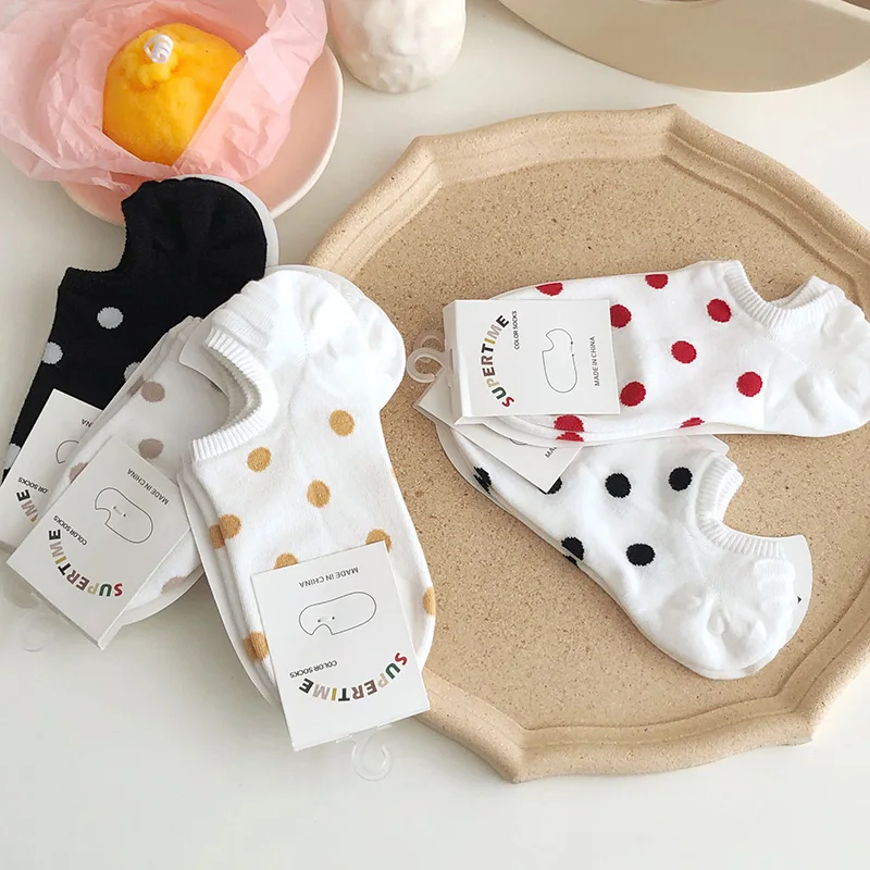 5Pais/Lot Women Socks Short Cotton Aesthetic Novelty Dot Sweet Boat Socks Chaussette Femme Skarpety Kobieta Ankle Sock Woman