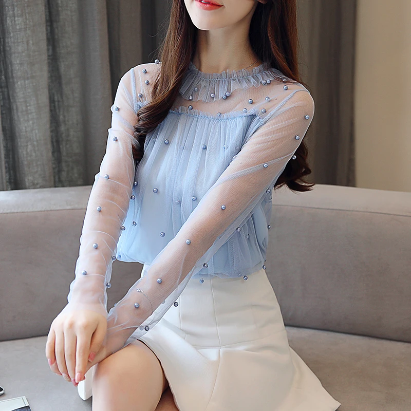 Женская прозрачная блузка с длинным рукавом привлекательная сетчатая шифоновая