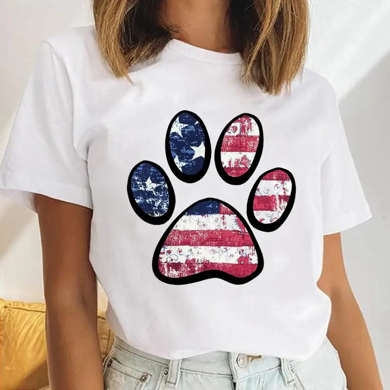 

Women Dog Paw USA Flag Love Dog Animal Female Short Sleeve Cartoon Clothes Tops Print Cute Ladies Tees Tshirt Graphic T-Shirt