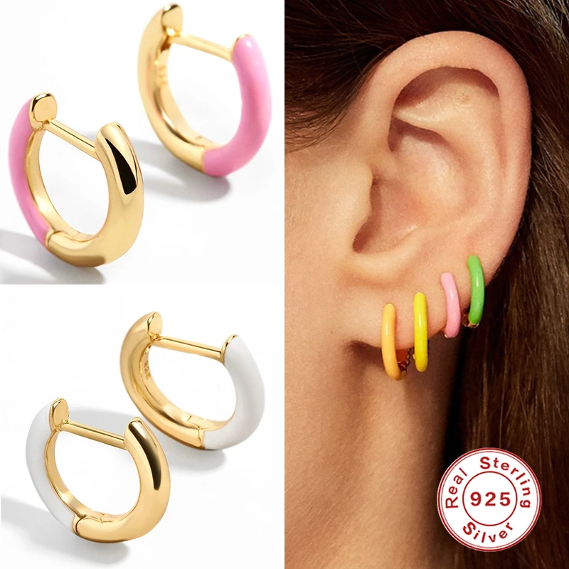 

CANNER Enamel Circle Hoop Earrings For Women 925 Sterling Silver Ear Piercing Round Earrings Party Jewelry Boucle Oreille Femme
