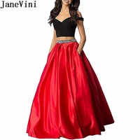 janevini red two piece prom dress long beaded waist crop top satin evening gowns with pockets girls a line green party wear 2019