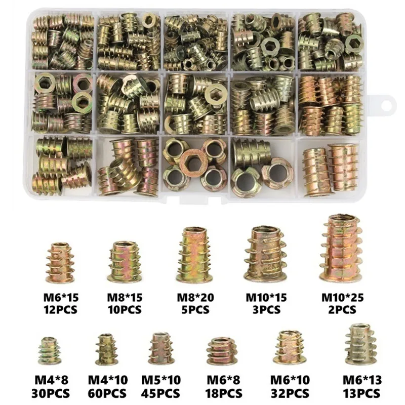 

230PCS Assorted Flanged Hex Drive Head Furniture Nuts M4 M6 M8 M10 Zinc alloyl Thread For Wood Insert Nut