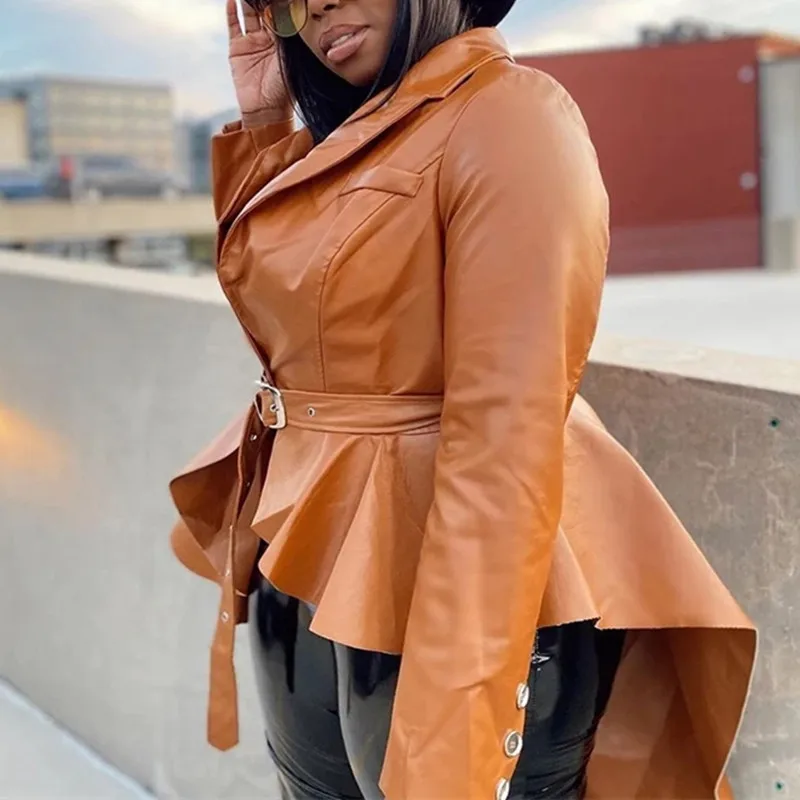 

2021 New PU Faux Leather Jacket Women Long Sleeve Ruffle Leather Trench Coat Women Slim Irregular Streetwear Coats and Jackets