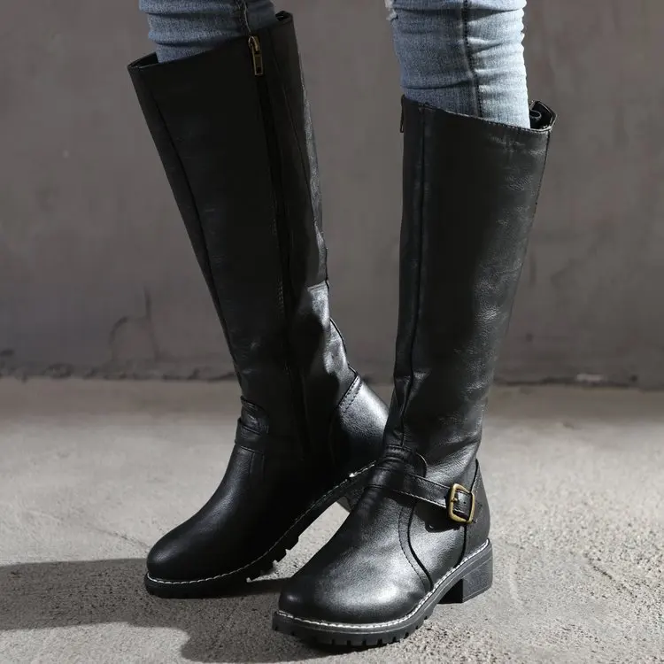 

Women Zip Leather Knee High Boots 2021 Women's Buckle Long Knight Boots Female Combat Boots Women Low Heels Shoes Plus Size