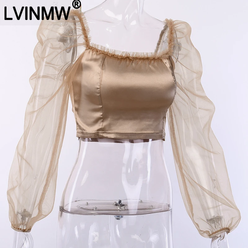 Женский атласный кроп-топ LVINMW осенняя облегающая футболка с длинными рукавами и