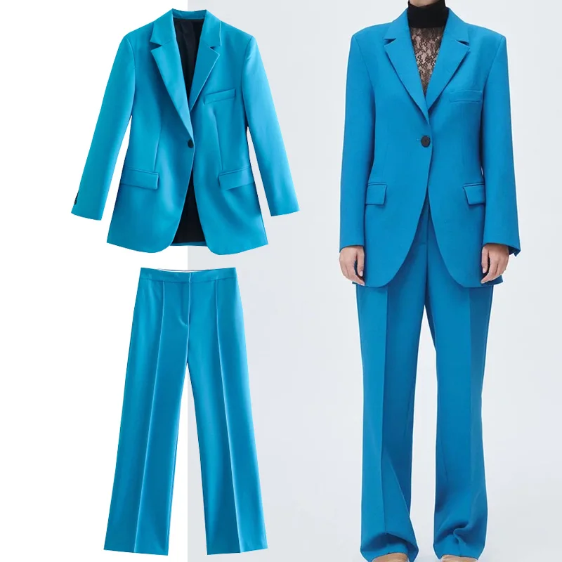 

TRAF Za Woman Suit 2021 Women 2 piece Slim-fit Straight Casual Blazer AndUnisex Straight-leg Pants Lady Office Blazer Outfits