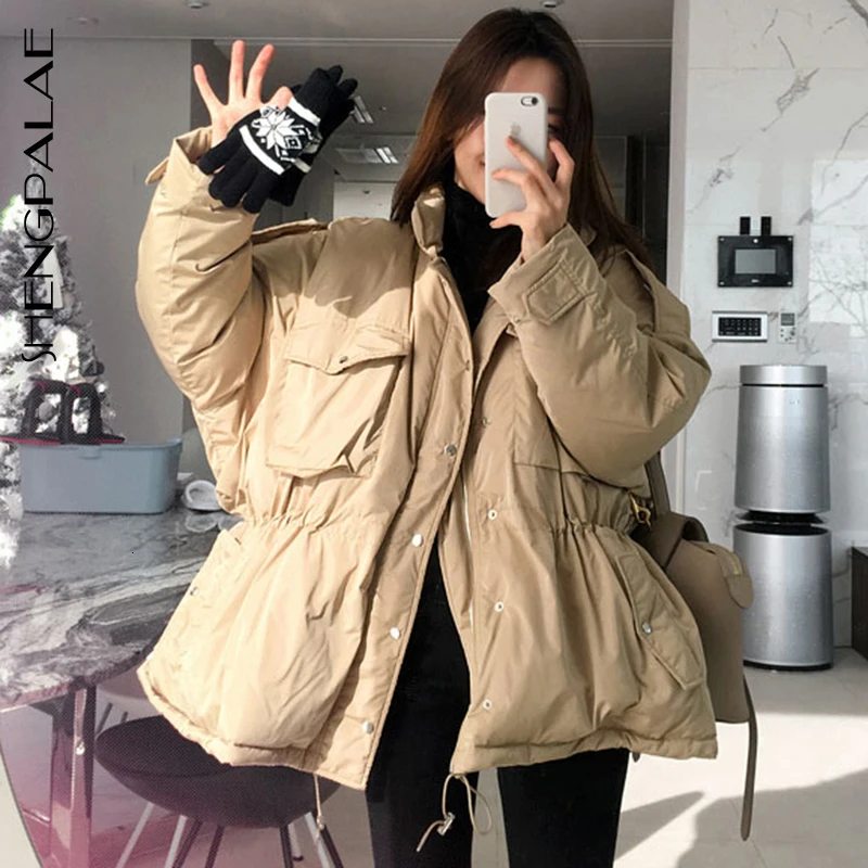 SHENGPALAE шикарное осенне зимнее однотонное пальто со стоячим свинцом с тянущейся