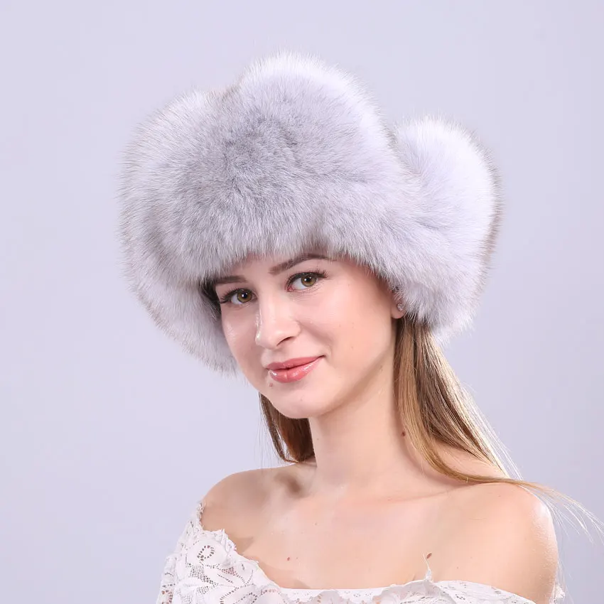 ICYMI 100% натуральный мех лисы Для женщин Русская Шапка ушанка солнцезащитные