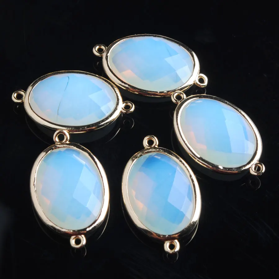 

30pcs Shiny Oval Faceted Natural White Opal Stone Beads Double Hole Connector for Female Necklaces Jewelry Making PZ9069