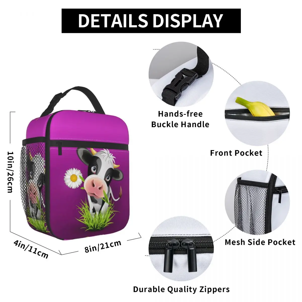 

Cute Holstein Cow In Grass Lunch Bag for Women Men Large Insulated Lunch Box with Water Bottle Holder and Pockets
