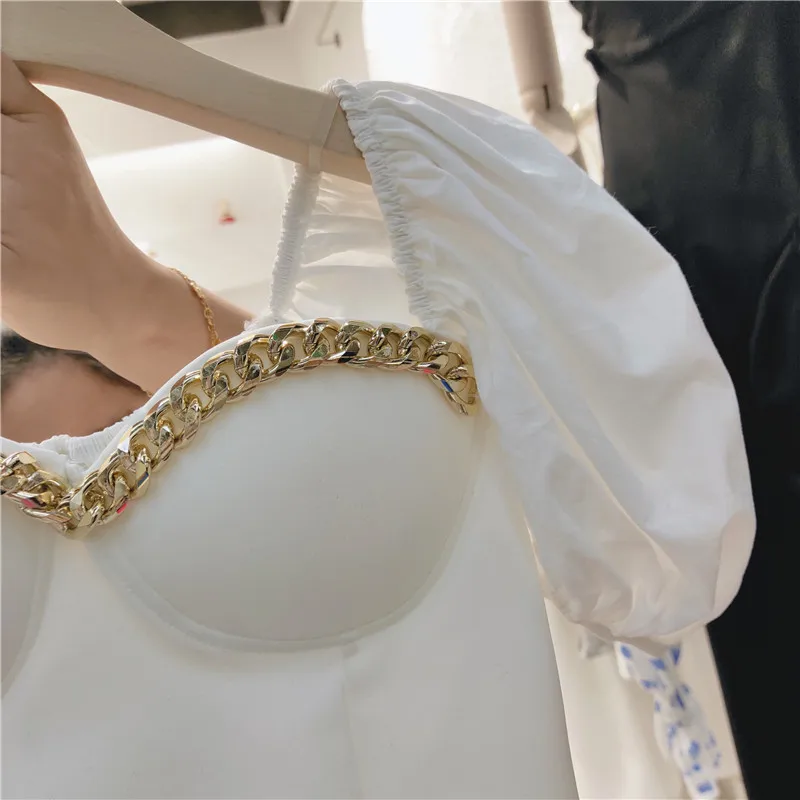 

2021 Summer New Retro Square Collar Puff Sleeve Pullover Shirt Female off-Shoulder Chain Decoration Short Top for Women