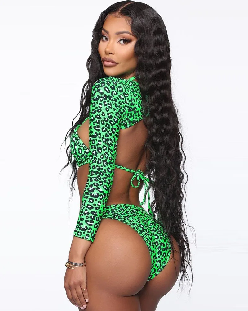 

2021 new women's swimwear sexy green leopard print long-sleeved back straps Europe and the United States bikini set swimwear