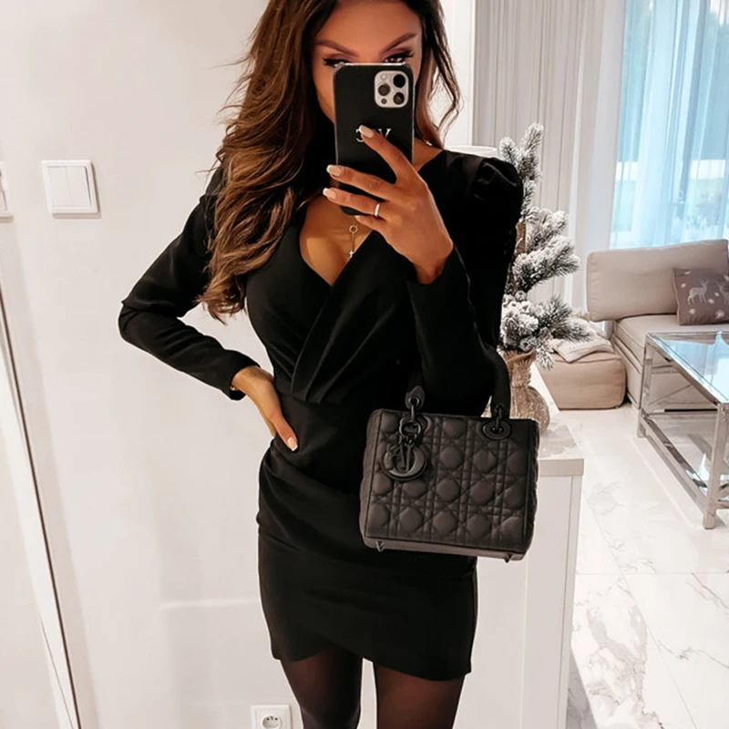 

Puff Sleeve Pleated Women Dress Spring Summer New Office Lady Party Dress Bodycon V-neck Sexy Dresses Female Femme Robe 12834