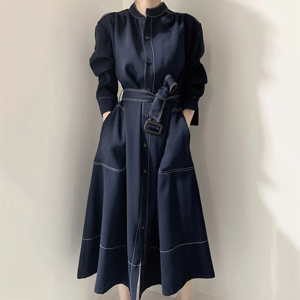 New Autumn Winter Elegant Women Loose Solid Trench Coat Blue Stand Collar Trench Coat With Belt Women Plus Size Trench Jacket