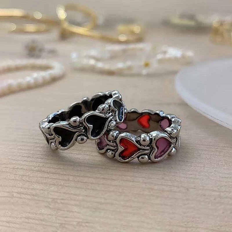 

New Hip Hop Personality Baroque Retro Contrast Color Love Metal Ring Men's and Women's Party Jewelry Dark Love Splicing Ring
