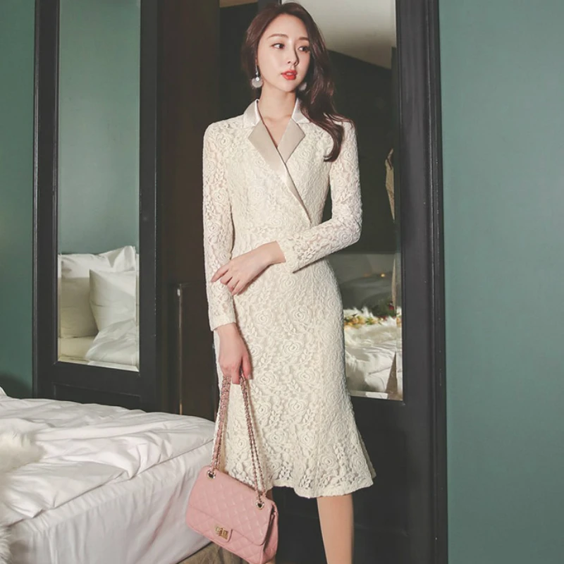 

Spring Fall Korean High Waist Long Sleeve Elegant Dresses Notched Slim Casual Lace Party Dress Package Hip Bodycon Dress TA7822