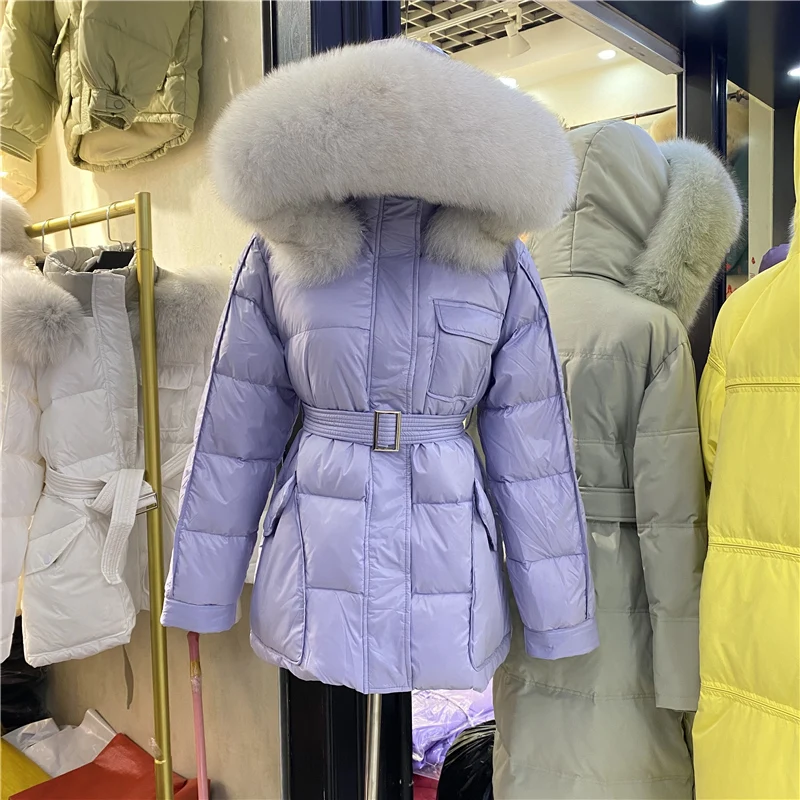 

New Coat 2021 Women Warm Real Fur White Duck Down Parka Fall Jacket for Women Casual Adjust-waist Hooded Winter Autumn Female