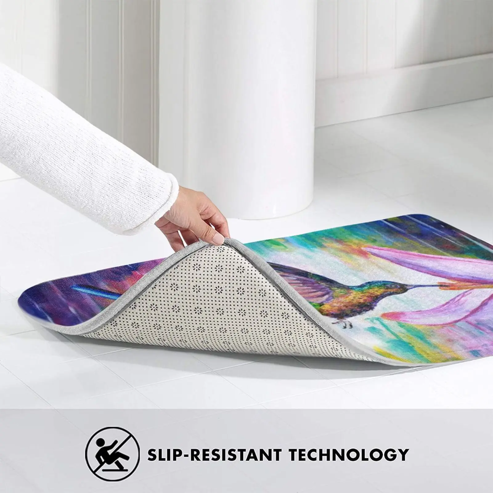 Hummingbird Mat Rug Carpet Anti-Slip Floor Mats Bedroom Acrylic Painting Bird Humming Flying Feather Colorful Flower Pink | Дом и сад