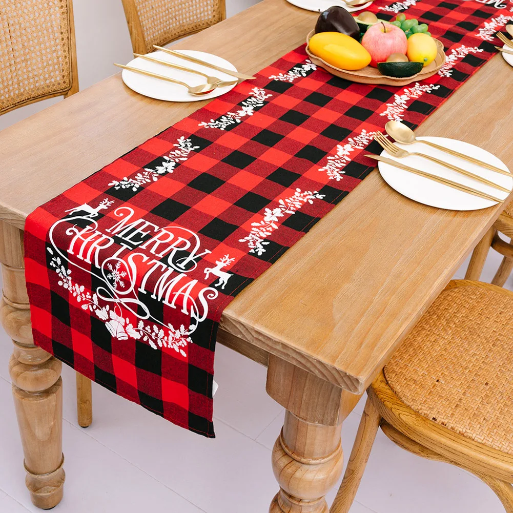 

Christmas Buffalo Plaid Table Runner Red Black Polyester Tablecloth Elk Xmas Tree Table Cloth New Year Decoration Table Cover