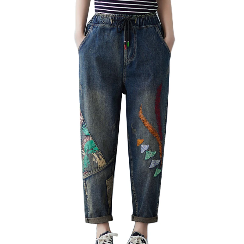 

Женские джинсы размера плюс, новые винтажные джинсовые шаровары с вышивкой и поясом на резинке, свободные женские брюки на весну и осень
