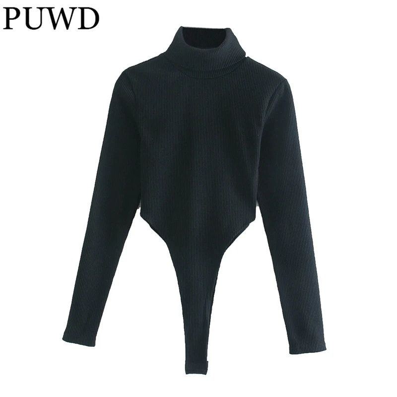 

PUWD Vintage Women turtleneck Black Slim Bodysuits 2021 Fashion Ladies Long Sleeve High Street Bodysuit Girls Chic Bodysuits