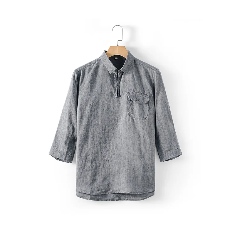 

2021 spring new men's Linen Shirt Lapel cover bag 3 / 4 sleeve casual pullover shirt D008