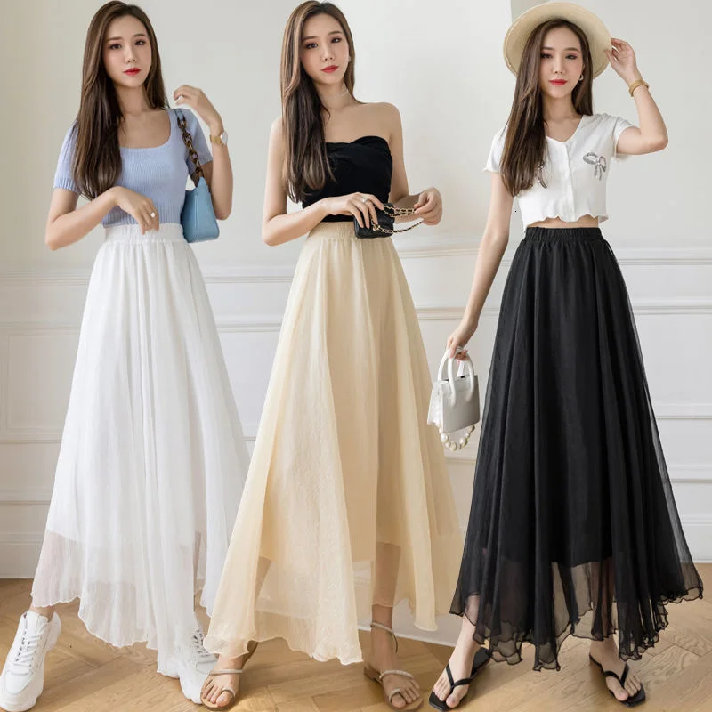 

Summer fairy wave edge gauze high waist elegant gentle glittering long skirt half length gauze skirt 1046#