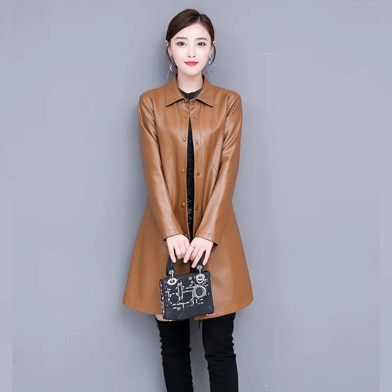

Autumn and winter new women's mid-length leather temperament coat Korean version was thin windbreaker