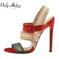 onlymaker summer stiletto high heels sandals mesh ankle buckle black red flock peep toe shoes for women large size casual