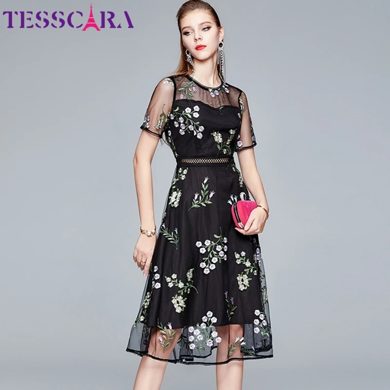 Женское Сетчатое платье с вышивкой TESSCARA винтажное элегантное вечернее цветочным