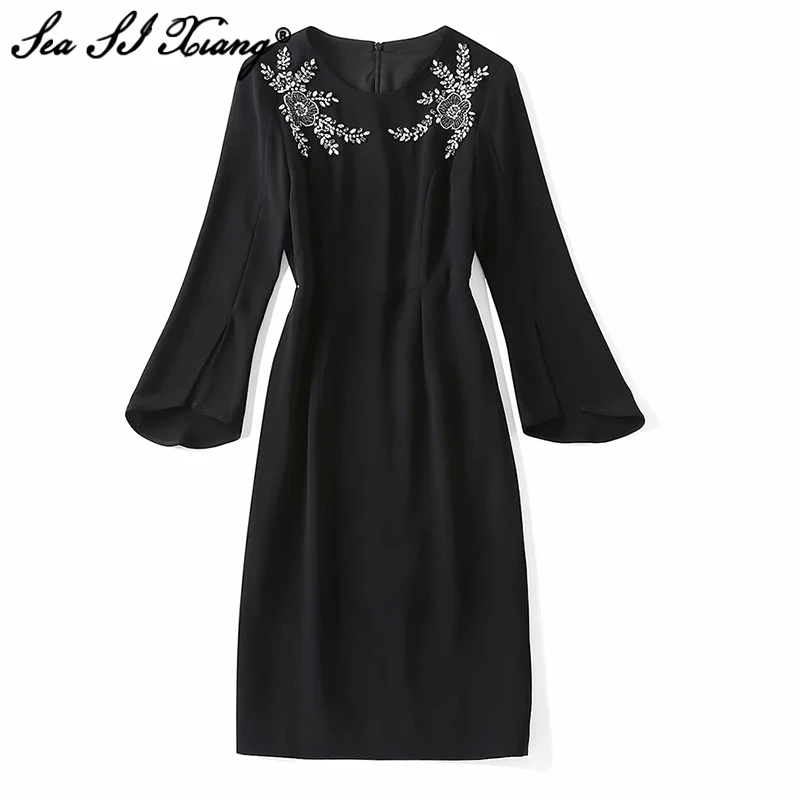 

Женское осеннее платье до колен Seasixiang, с круглым вырезом, расклешенными рукавами, блестками, кристаллами, бриллиантами