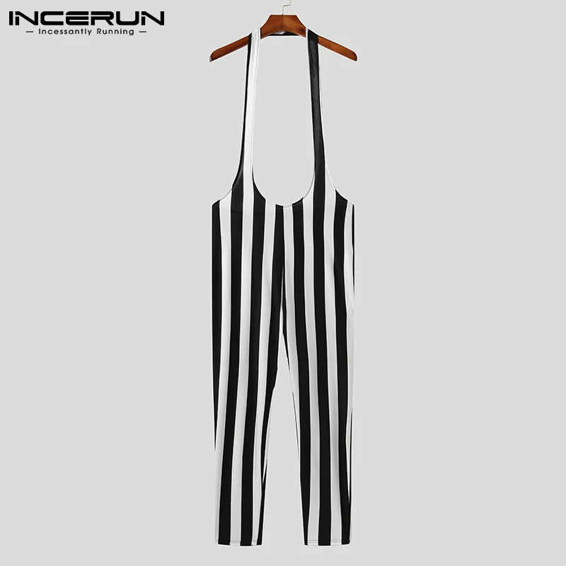 Fashionable All-match Simple Men's Onesies Black&white Stripes Sleeveless Pants Suspender Trousers Casual Style Jumpsuits S-5XL