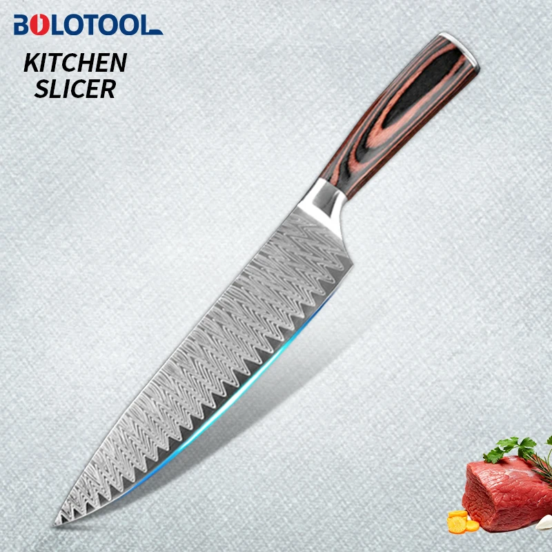 Кухонный нож шеф-повара из дамасской стали с лазерным узором зеркальный 8 дюймов